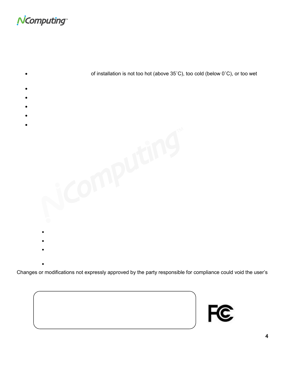 Safety information, Regulatory compliance | NComputing VSPACE L300 User Manual | Page 4 / 53