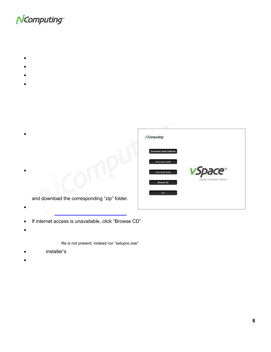 Installation, Vspace software installation | NComputing VSPACE L300 User Manual | Page 8 / 53