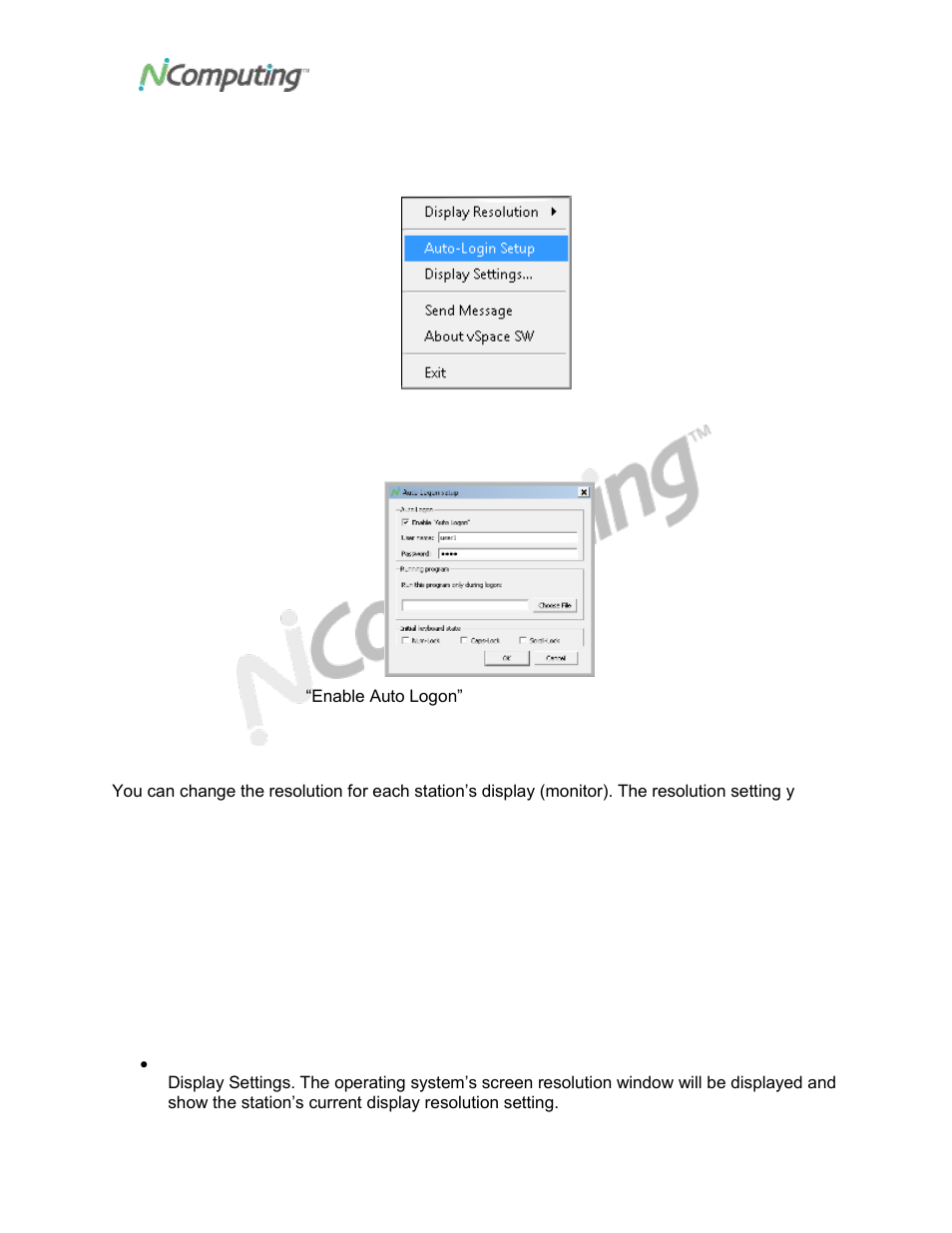 Etting the, Isplay, Esolution | Iewing, Tation, Ettings, Setting the display resolution, Viewing station display resolution settings | NComputing VIRTUAL DESKTOP KIT U170 User Manual | Page 19 / 22