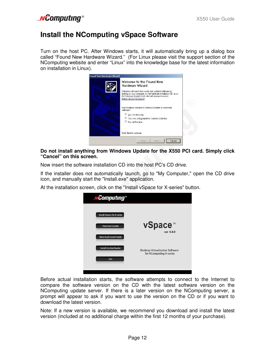 Install the ncomputing vspace software | NComputing X550  EN User Manual | Page 12 / 42