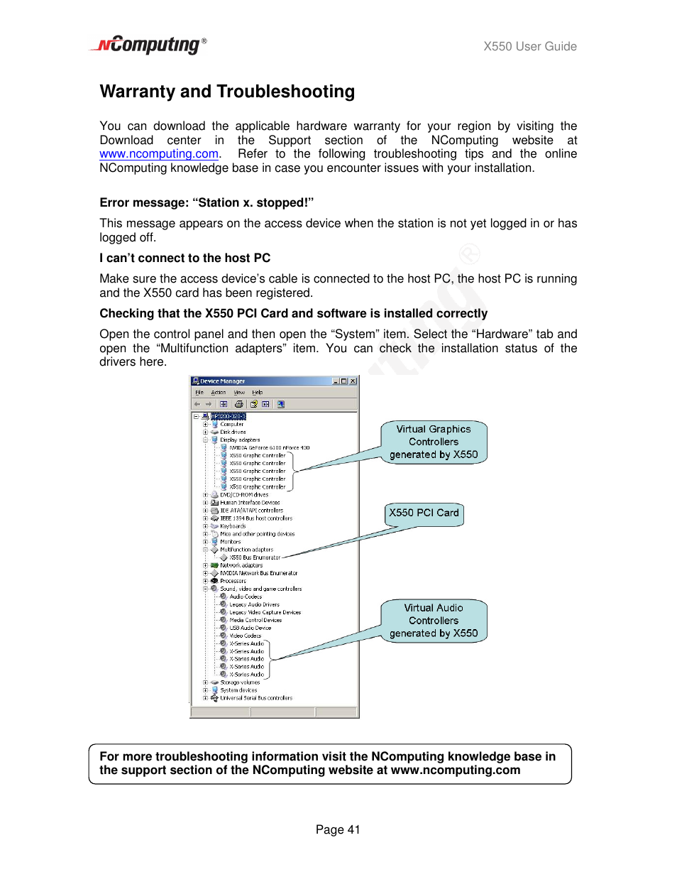 Warranty and troubleshooting | NComputing X550  EN User Manual | Page 41 / 42