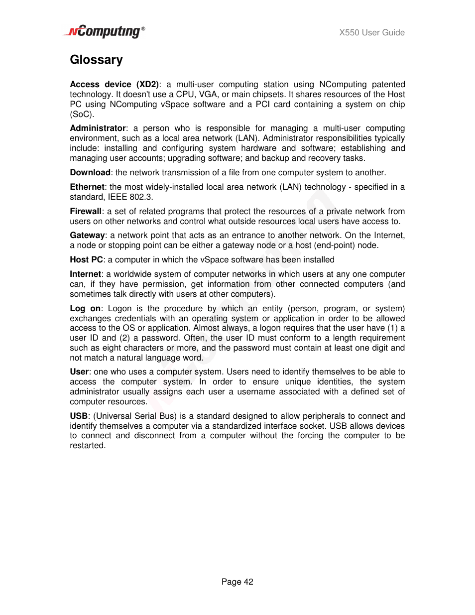 Glossary | NComputing X550  EN User Manual | Page 42 / 42