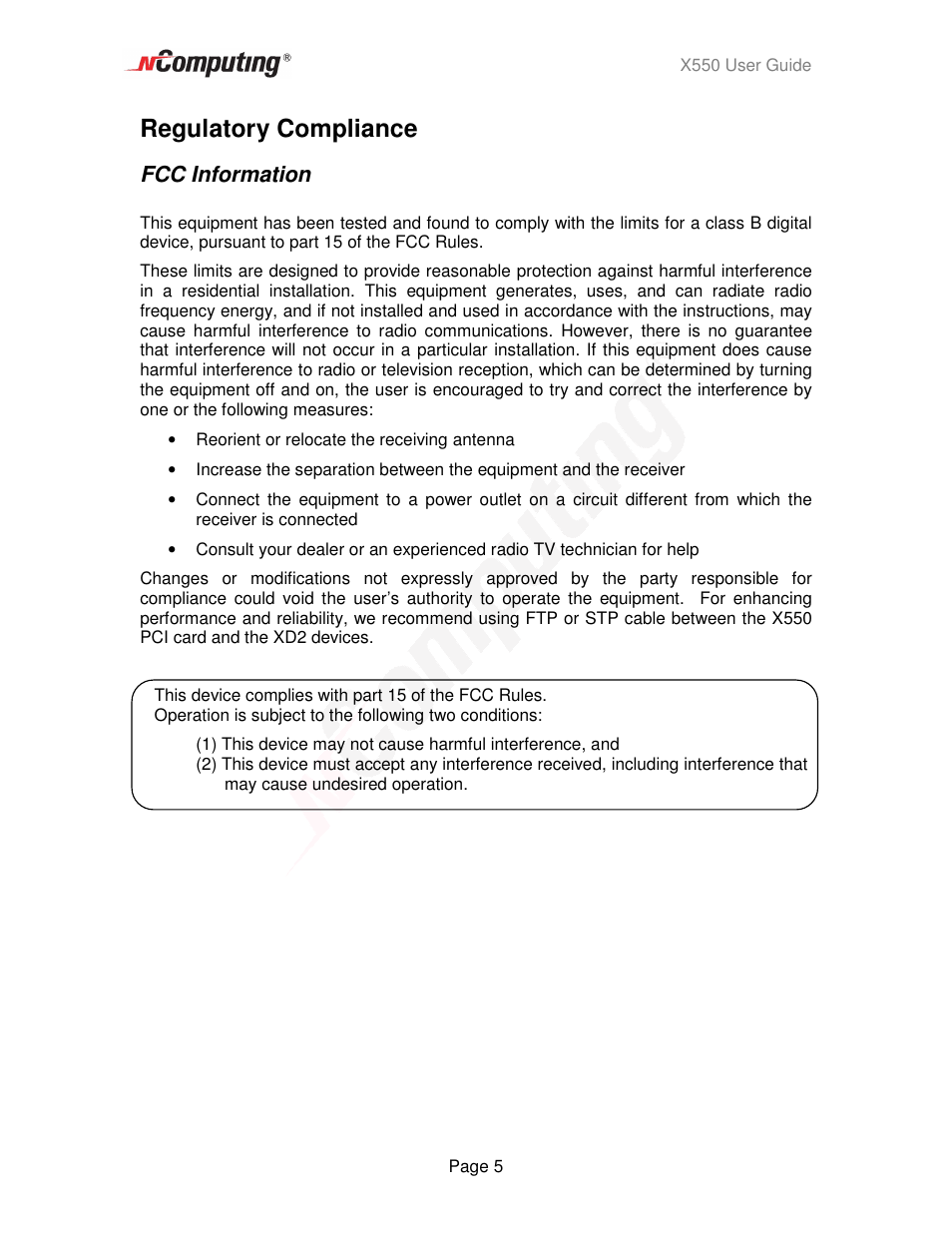 Regulatory compliance | NComputing X550  EN User Manual | Page 5 / 42