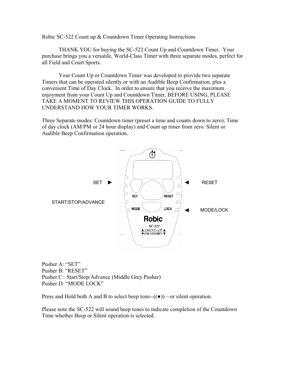 Robic Count up & Countdown Timer SC-522 User Manual | 3 pages