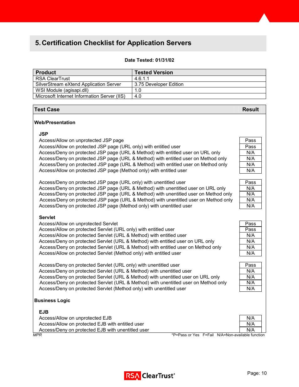Certification checklist for application servers | RSA Security SILVERSTREAM 3.75 User Manual | Page 10 / 11
