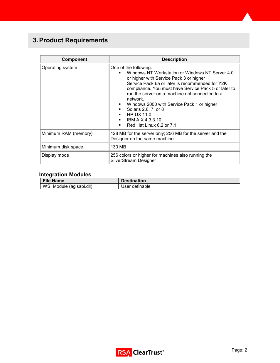 Product requirements, Integration modules | RSA Security SILVERSTREAM 3.75 User Manual | Page 2 / 11