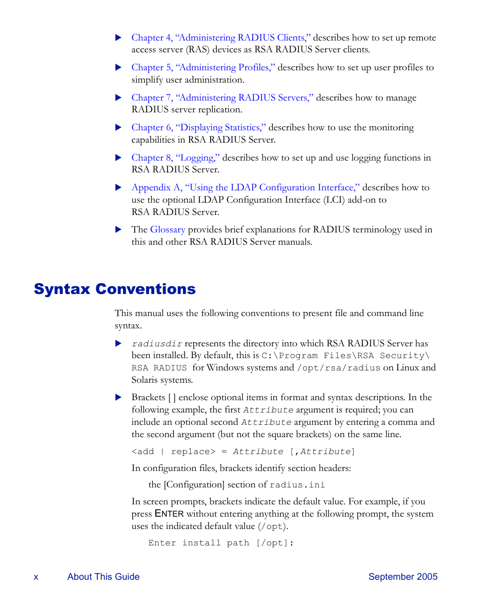 Syntax conventions | RSA Security 6.1 User Manual | Page 10 / 118