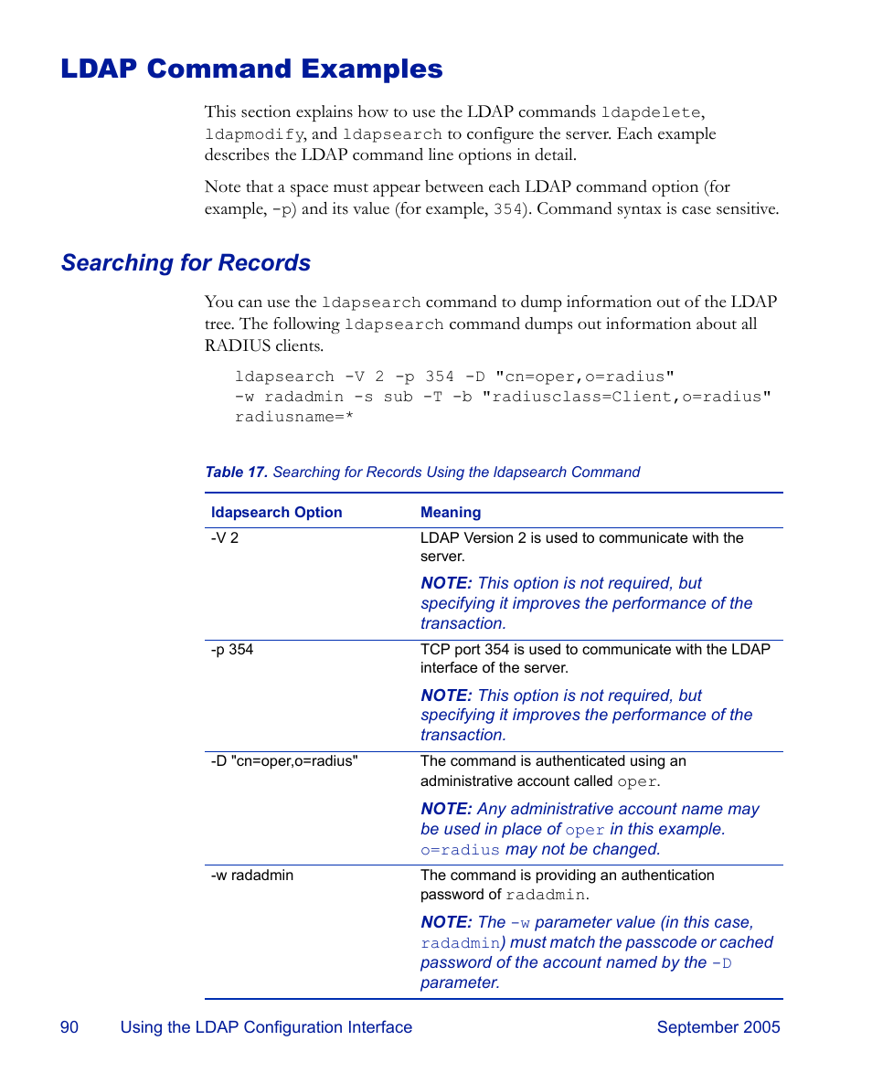 Ldap command examples, Searching for records | RSA Security 6.1 User Manual | Page 102 / 118