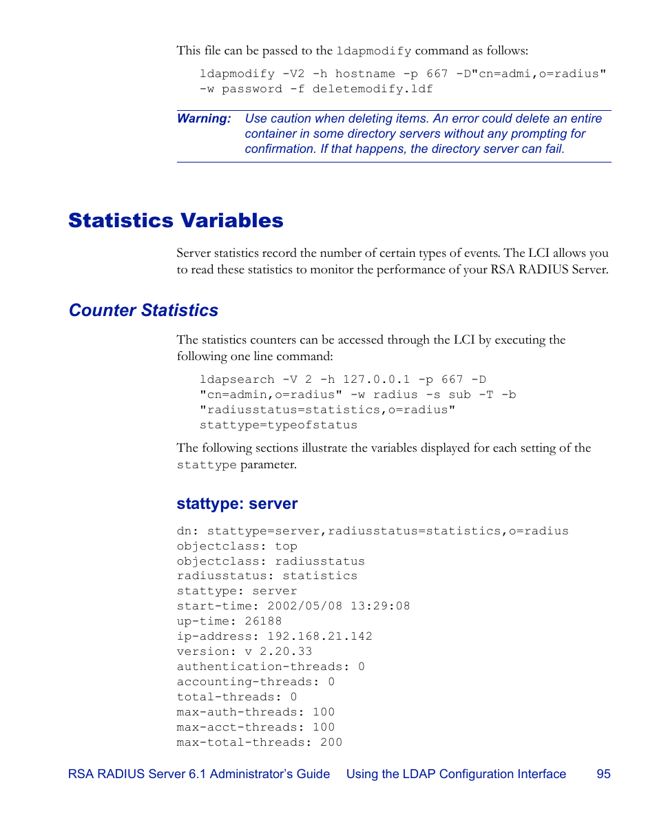Statistics variables, Counter statistics | RSA Security 6.1 User Manual | Page 107 / 118