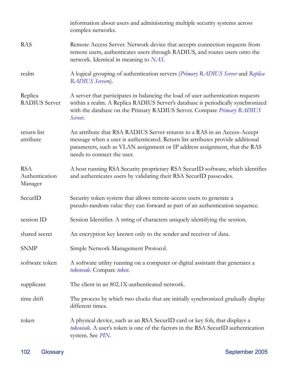 Ork. identical in meaning to, Token, Replica | Radius server, Return list, Attribute | RSA Security 6.1 User Manual | Page 114 / 118