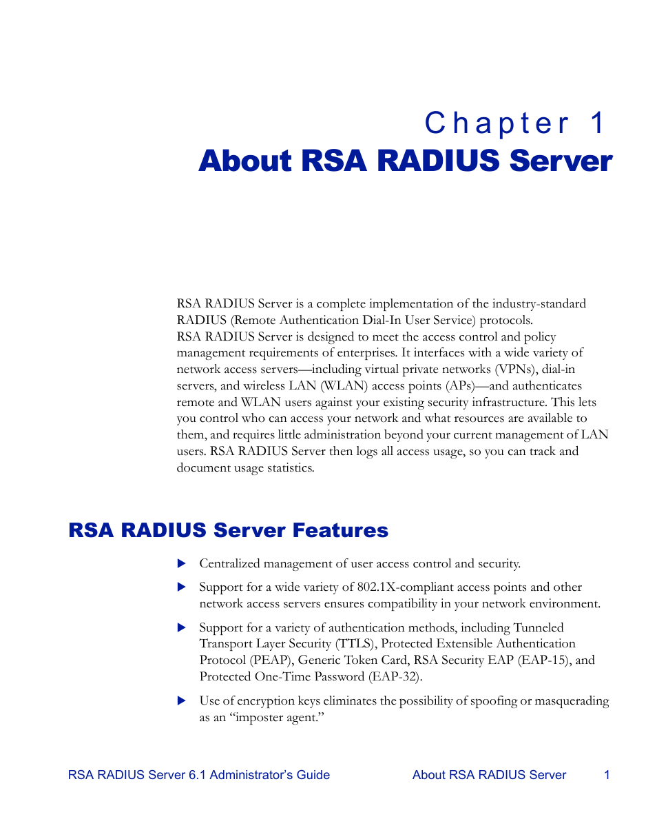 About rsa radius server, Rsa radius server features, Chapter 1 | RSA Security 6.1 User Manual | Page 13 / 118