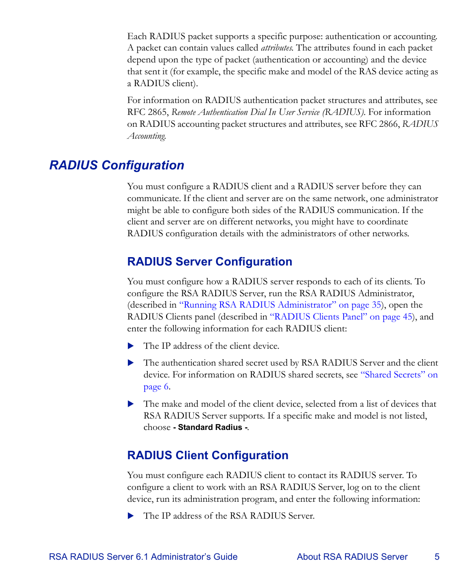Radius configuration, Radius server configuration, Radius client configuration | RSA Security 6.1 User Manual | Page 17 / 118