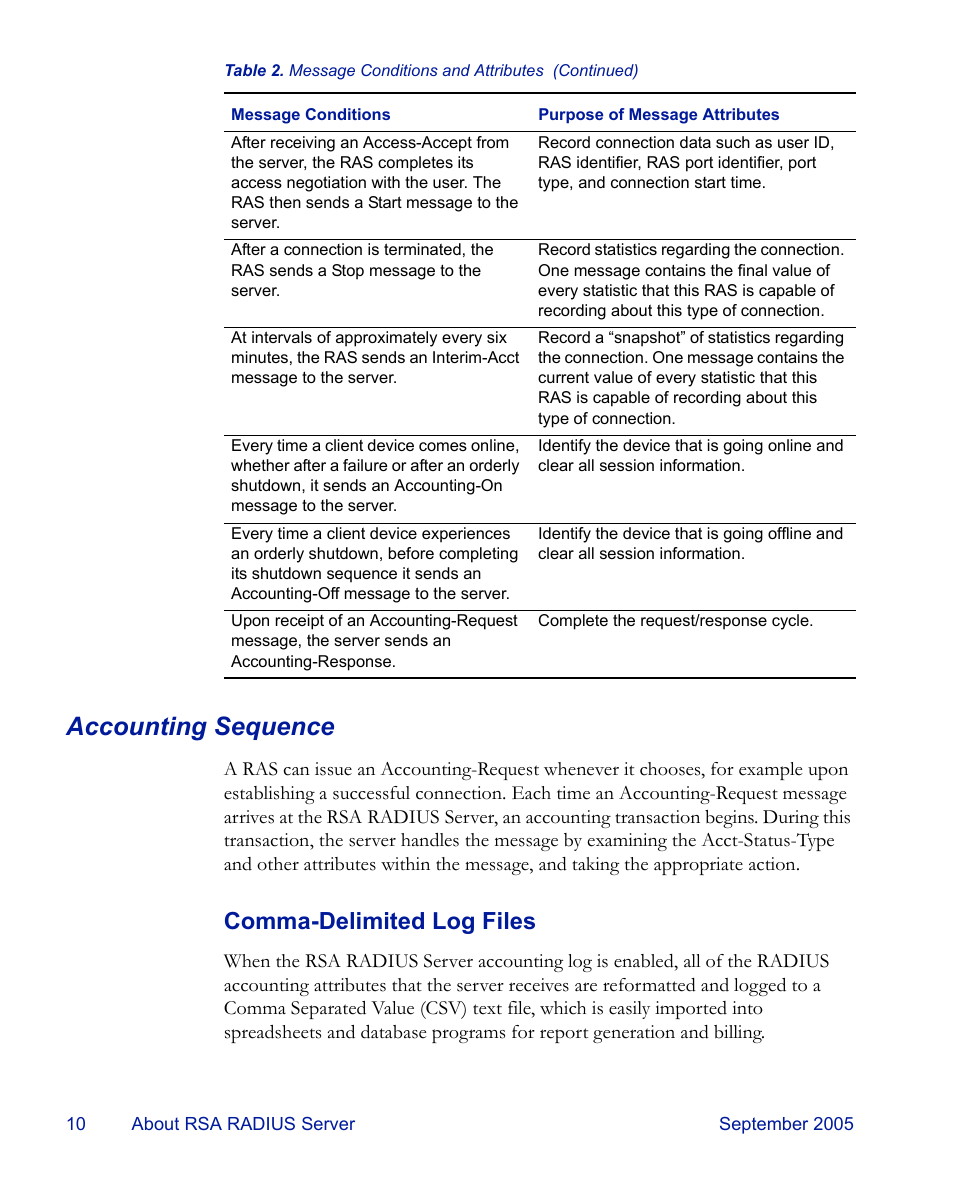 Accounting sequence, Comma-delimited log files | RSA Security 6.1 User Manual | Page 22 / 118
