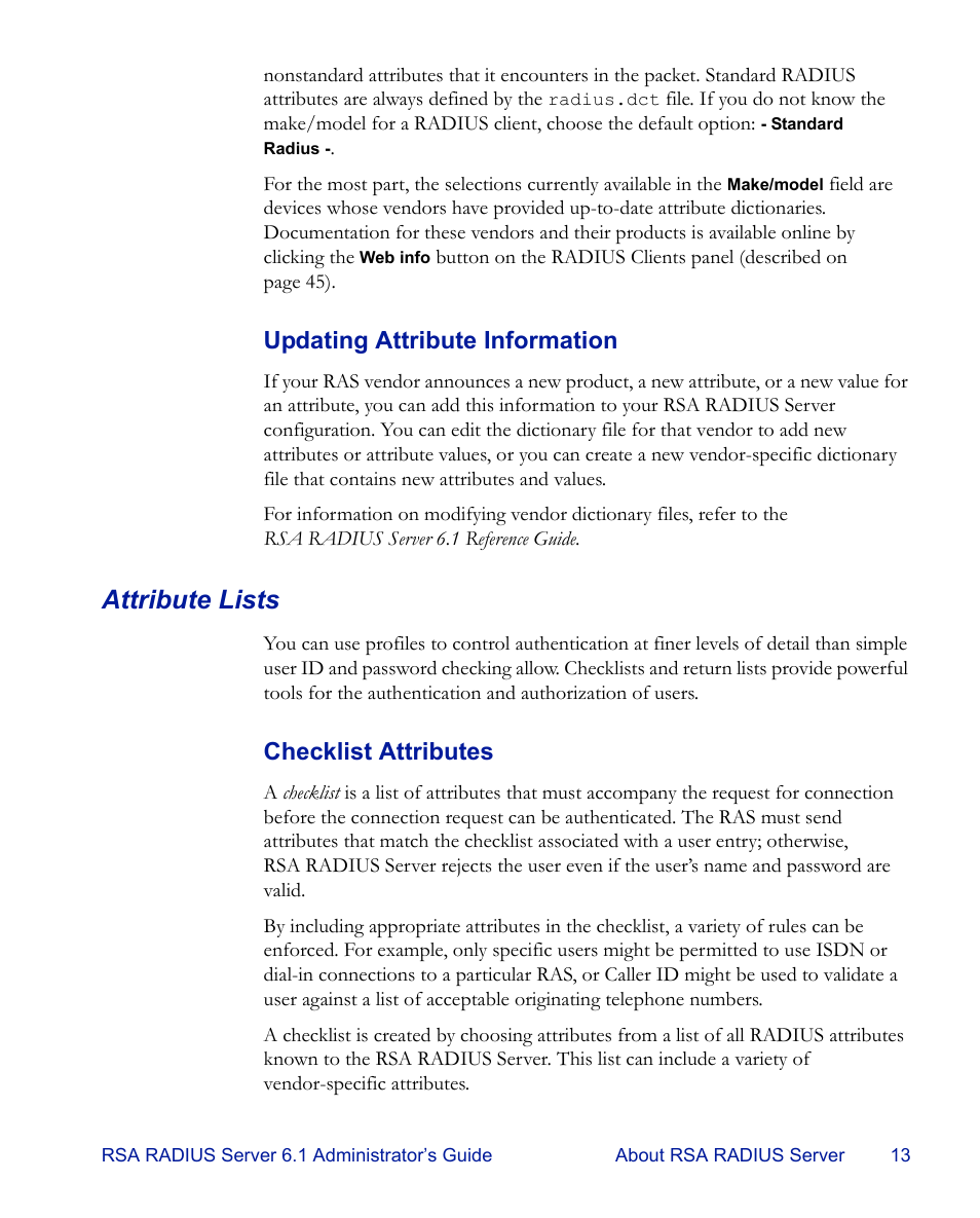 Attribute lists, Updating attribute information, Checklist attributes | RSA Security 6.1 User Manual | Page 25 / 118