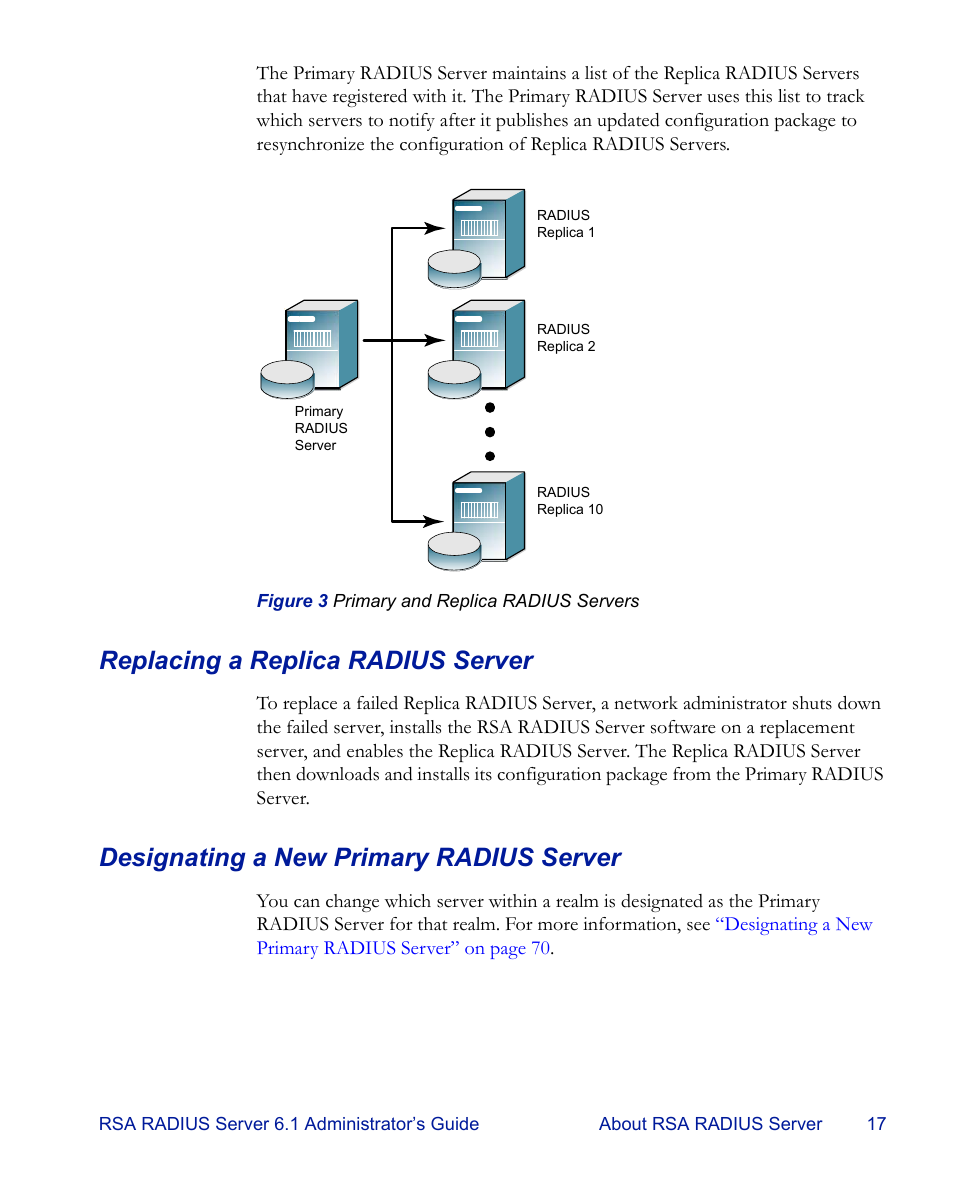 Replacing a replica radius server, Designating a new primary radius server | RSA Security 6.1 User Manual | Page 29 / 118