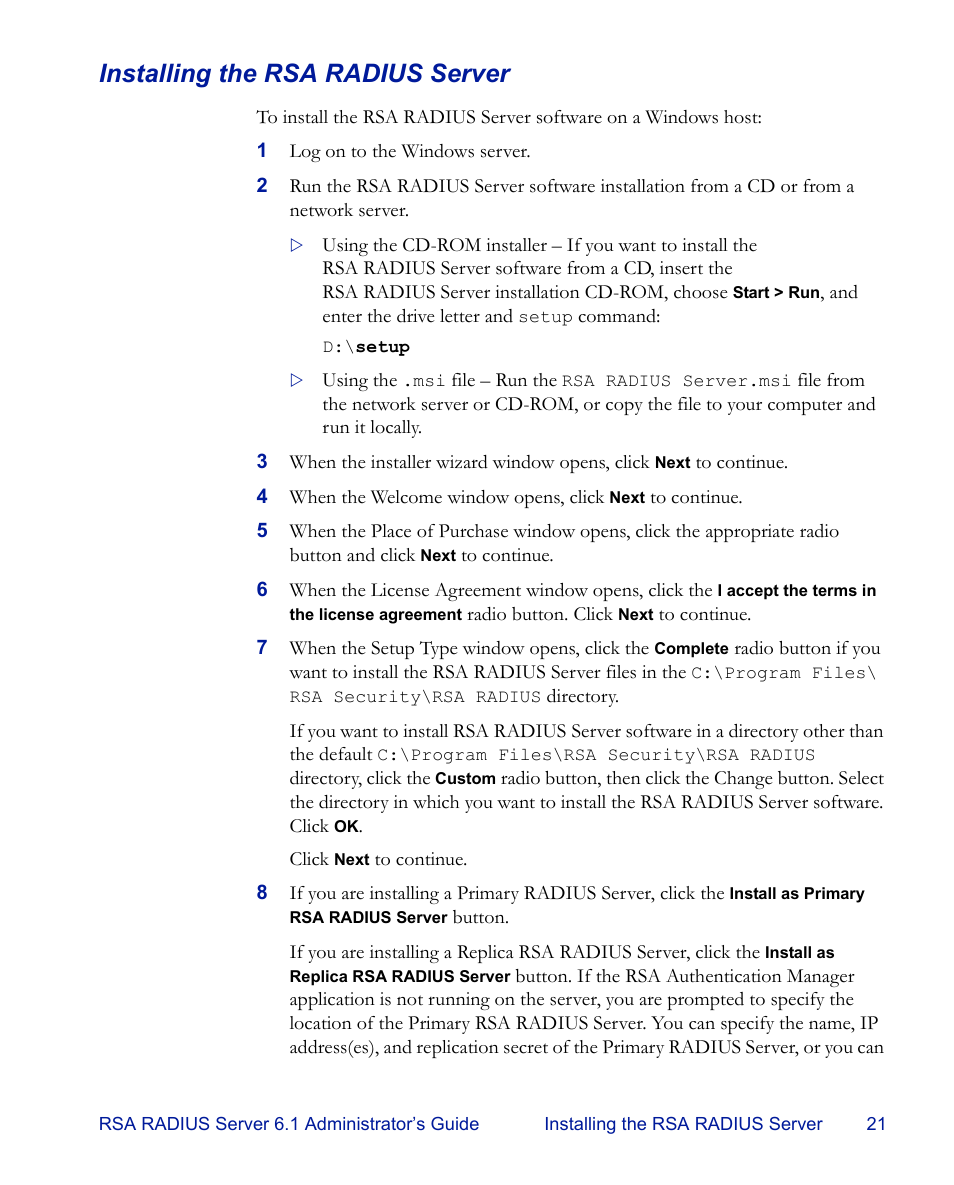 Installing the rsa radius server | RSA Security 6.1 User Manual | Page 33 / 118