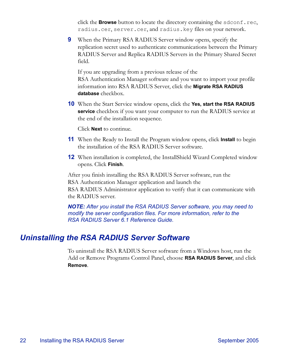 Uninstalling the rsa radius server software | RSA Security 6.1 User Manual | Page 34 / 118