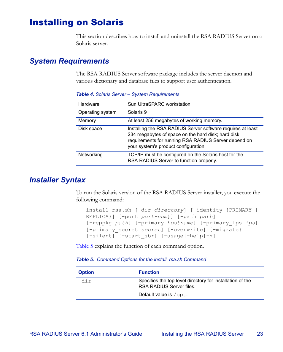 Installing on solaris, System requirements, Installer syntax | System requirements installer syntax | RSA Security 6.1 User Manual | Page 35 / 118