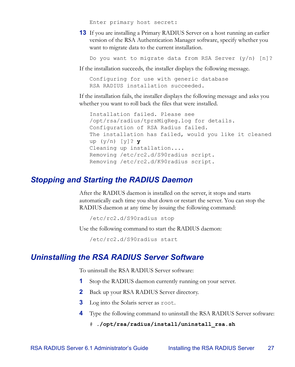 Stopping and starting the radius daemon, Uninstalling the rsa radius server software | RSA Security 6.1 User Manual | Page 39 / 118