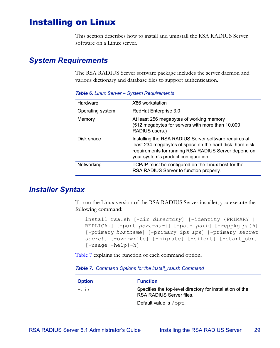 Installing on linux, System requirements, Installer syntax | System requirements installer syntax | RSA Security 6.1 User Manual | Page 41 / 118