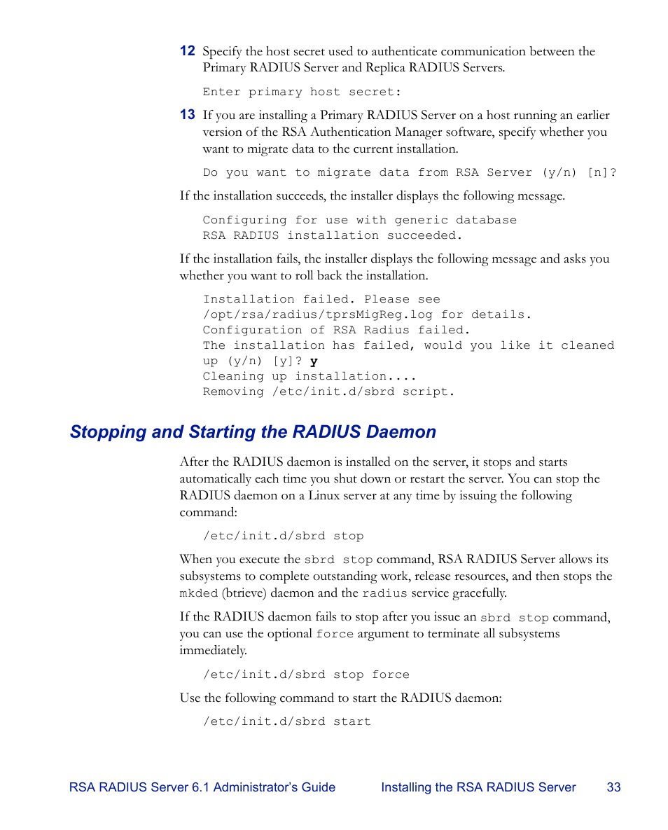 Stopping and starting the radius daemon | RSA Security 6.1 User Manual | Page 45 / 118
