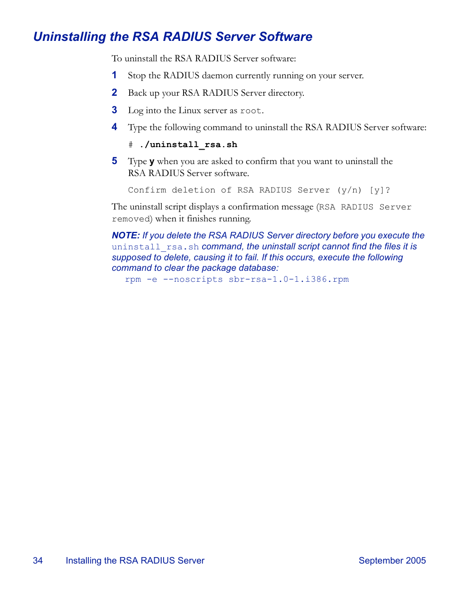 Uninstalling the rsa radius server software | RSA Security 6.1 User Manual | Page 46 / 118