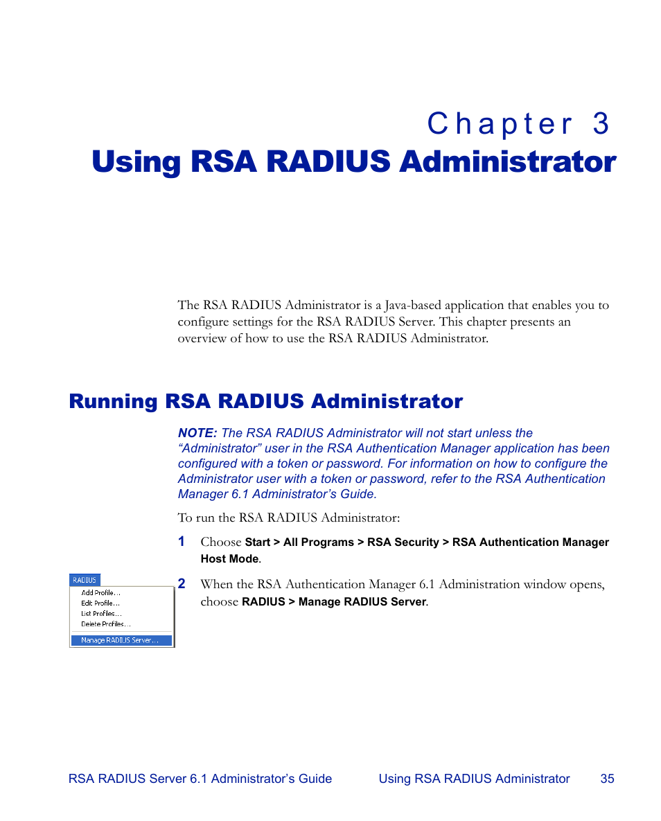 Using rsa radius administrator, Running rsa radius administrator, Chapter 3 | RSA Security 6.1 User Manual | Page 47 / 118