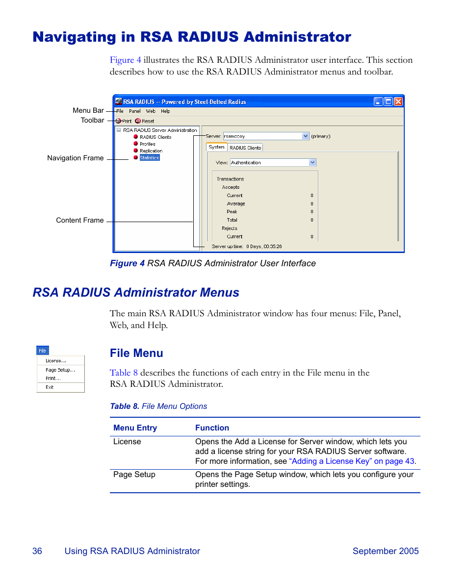 Navigating in rsa radius administrator, Rsa radius administrator menus, File menu | RSA Security 6.1 User Manual | Page 48 / 118