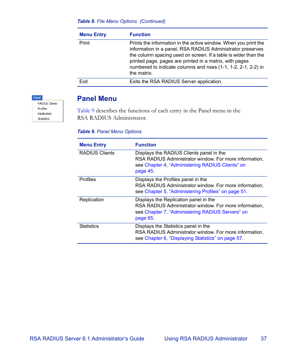 Panel menu | RSA Security 6.1 User Manual | Page 49 / 118