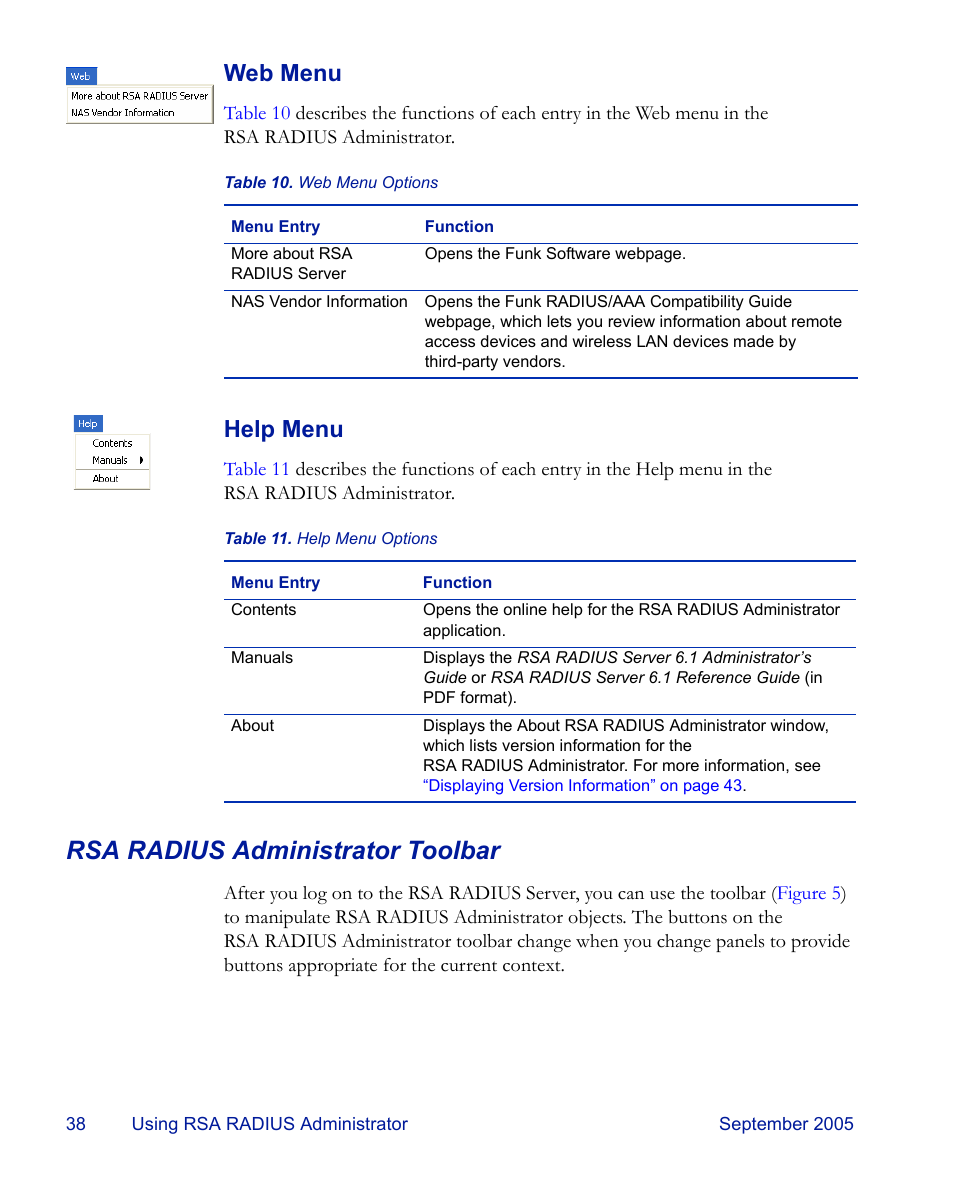 Rsa radius administrator toolbar, Web menu, Help menu | RSA Security 6.1 User Manual | Page 50 / 118