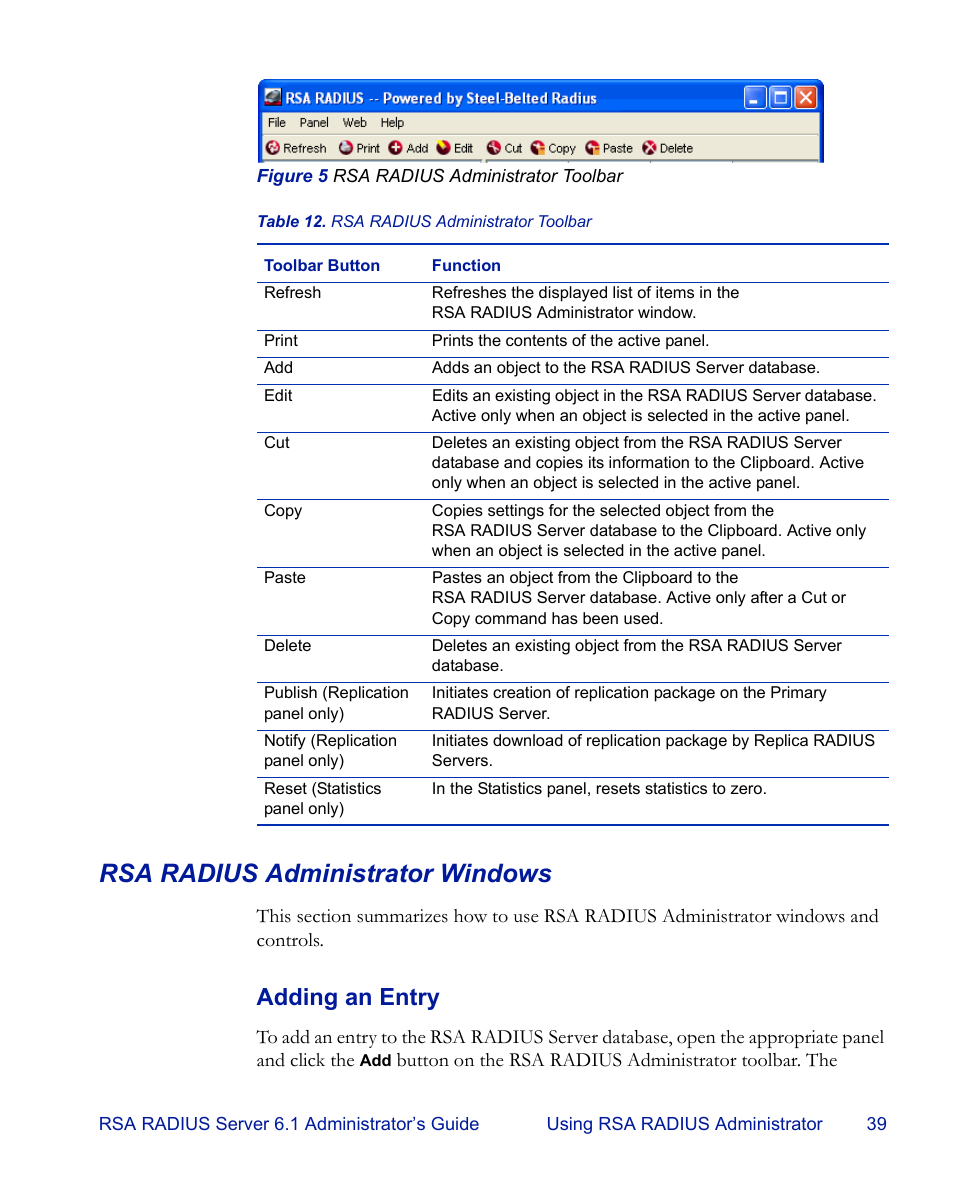 Rsa radius administrator windows, Figure 5, Adding an entry | RSA Security 6.1 User Manual | Page 51 / 118