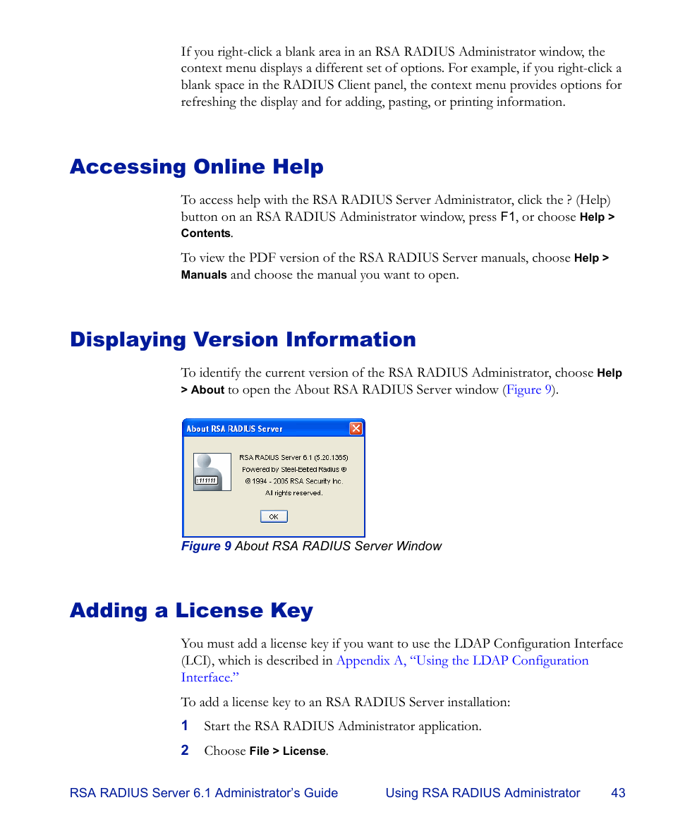 Accessing online help, Displaying version information, Adding a license key | RSA Security 6.1 User Manual | Page 55 / 118