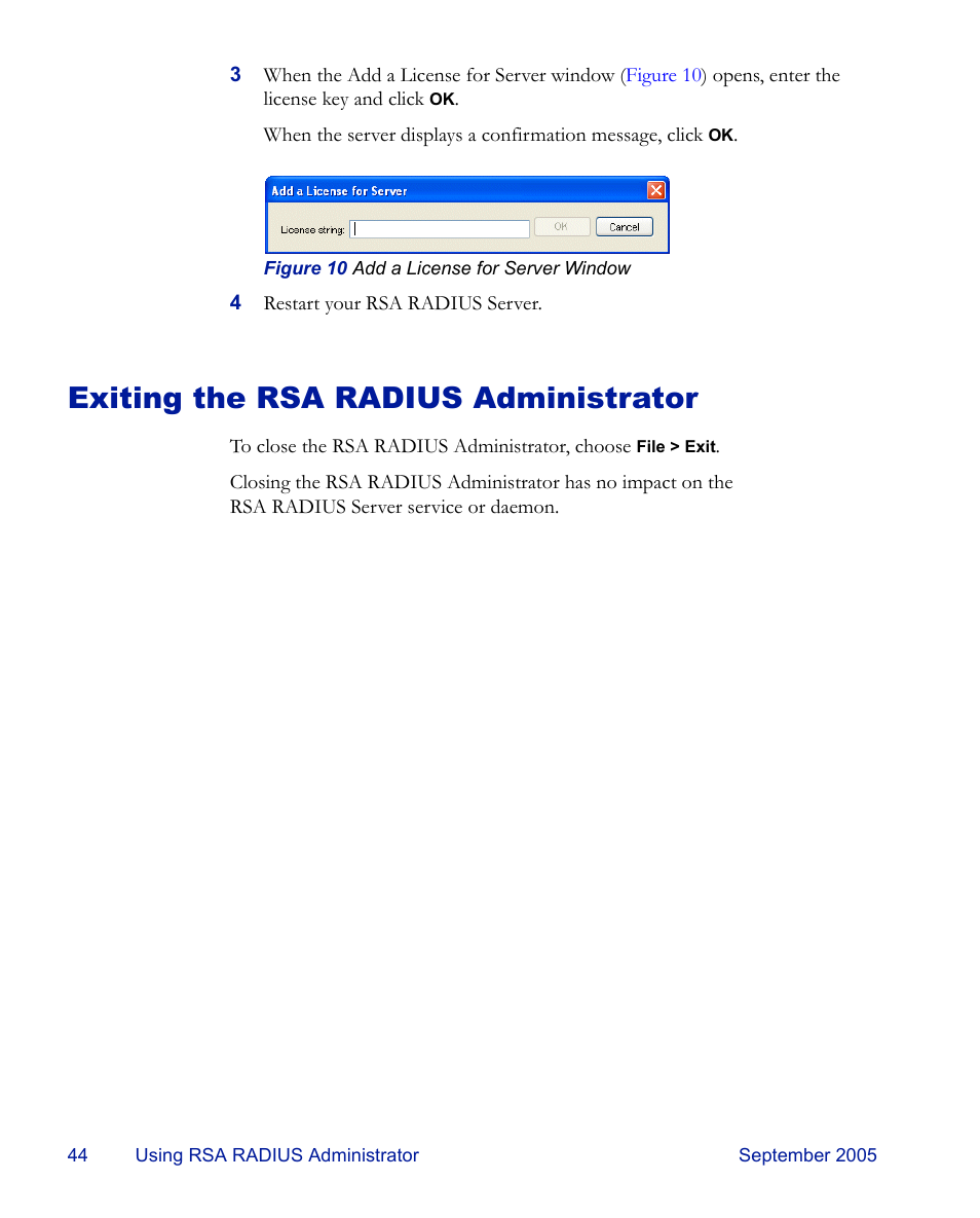 Exiting the rsa radius administrator | RSA Security 6.1 User Manual | Page 56 / 118