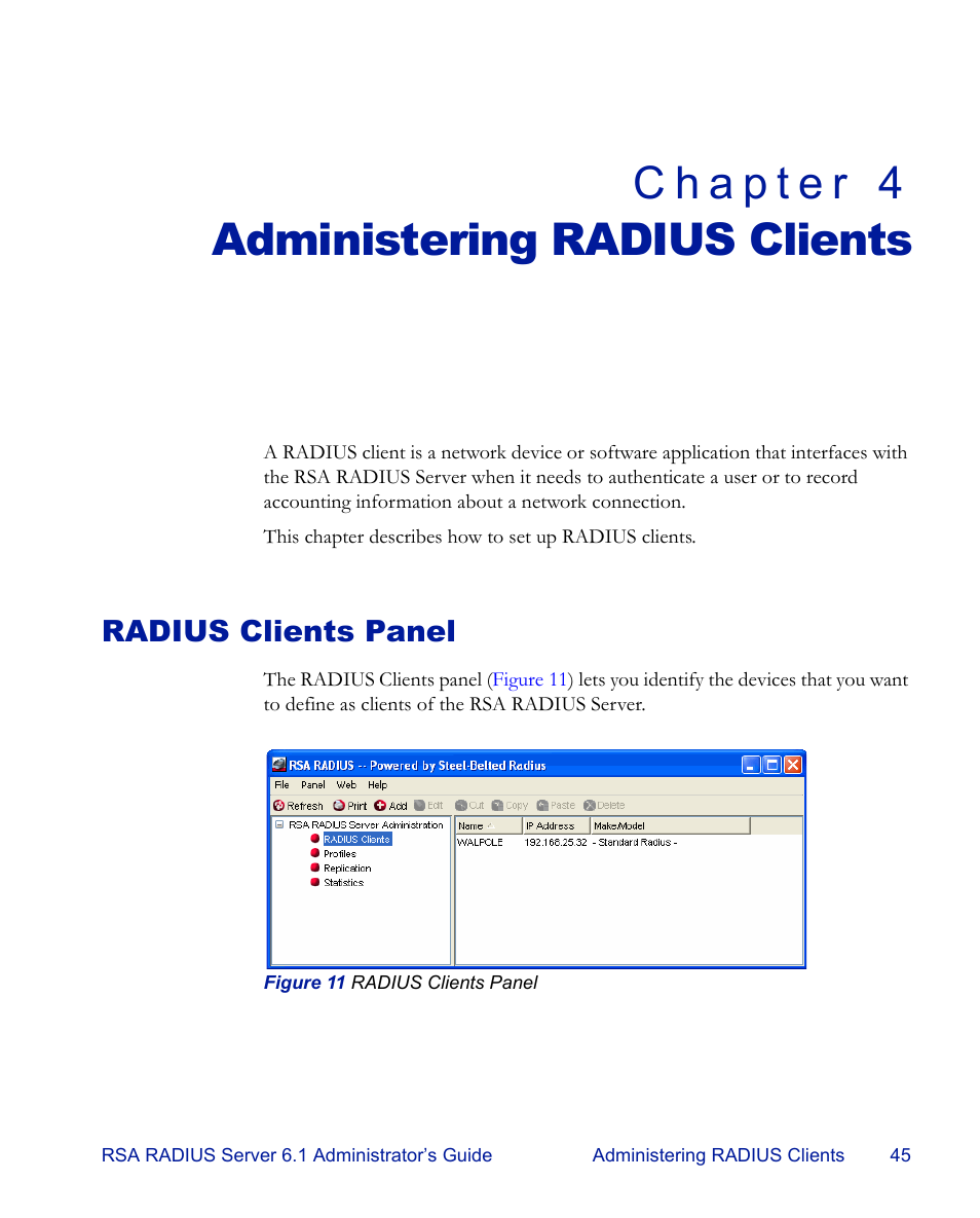 Administering radius clients, Radius clients panel, Chapter 4 | Chapter 4, “administering radius clients, Chapter 4, “administering radius clients” on | RSA Security 6.1 User Manual | Page 57 / 118