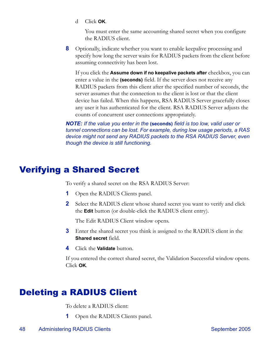 Verifying a shared secret, Deleting a radius client, Verifying a shared secret deleting a radius client | RSA Security 6.1 User Manual | Page 60 / 118