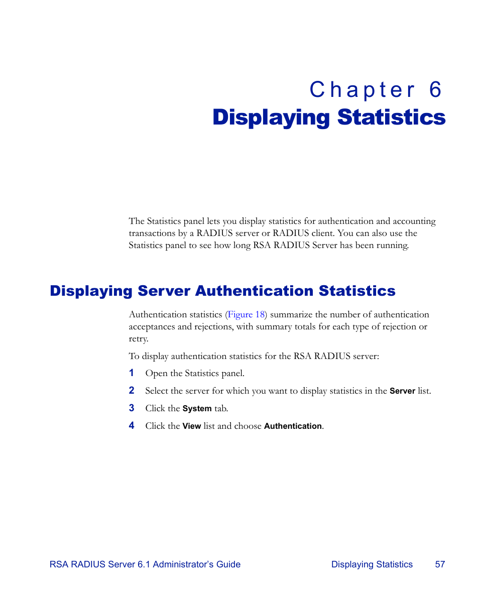 Displaying statistics, Displaying server authentication statistics, Chapter 6 | Chapter 6, “displaying statistics, Describe | RSA Security 6.1 User Manual | Page 69 / 118