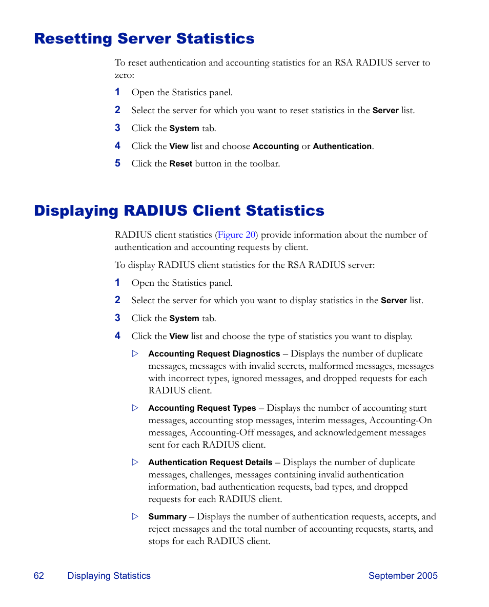 Resetting server statistics, Displaying radius client statistics | RSA Security 6.1 User Manual | Page 74 / 118