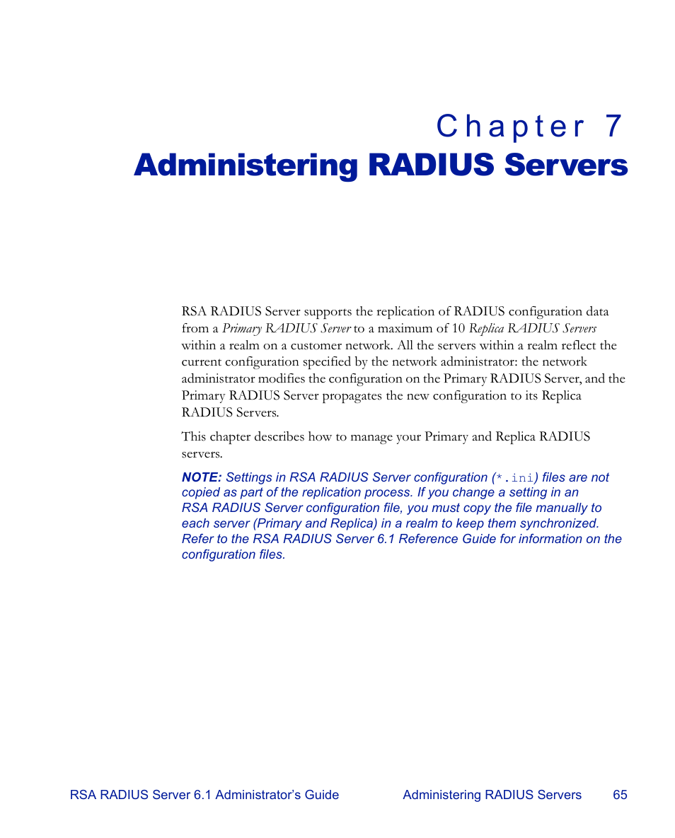 Administering radius servers, Chapter 7, Chapter 7, “administering radius servers | Describes ho, Chapter 7, “administering radius servers” on | RSA Security 6.1 User Manual | Page 77 / 118