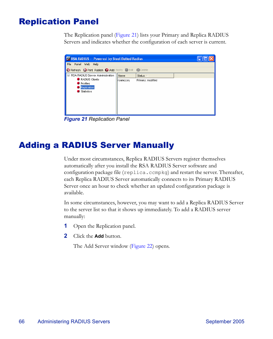 Replication panel, Adding a radius server manually, Replication panel adding a radius server manually | RSA Security 6.1 User Manual | Page 78 / 118