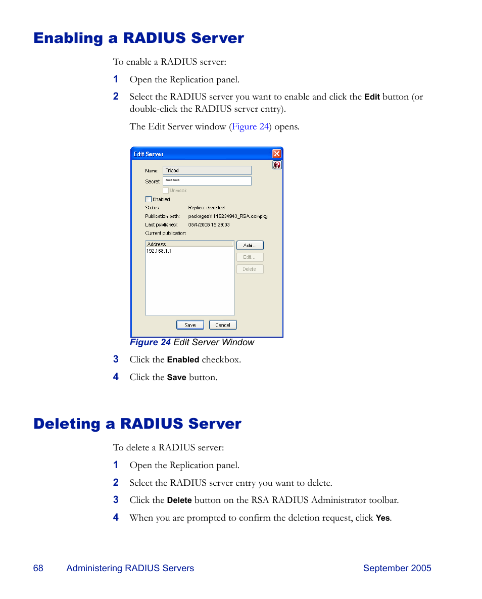 Enabling a radius server, Deleting a radius server, Enabling a radius server deleting a radius server | RSA Security 6.1 User Manual | Page 80 / 118
