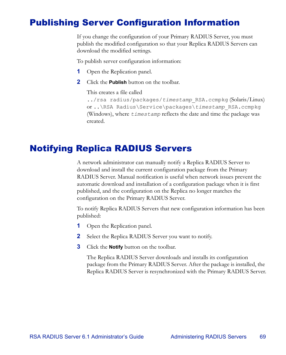 Publishing server configuration information, Notifying replica radius servers | RSA Security 6.1 User Manual | Page 81 / 118