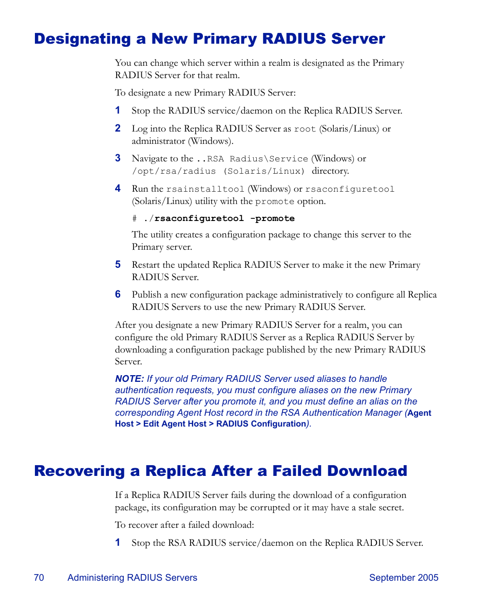 Designating a new primary radius server, Recovering a replica after a failed download | RSA Security 6.1 User Manual | Page 82 / 118
