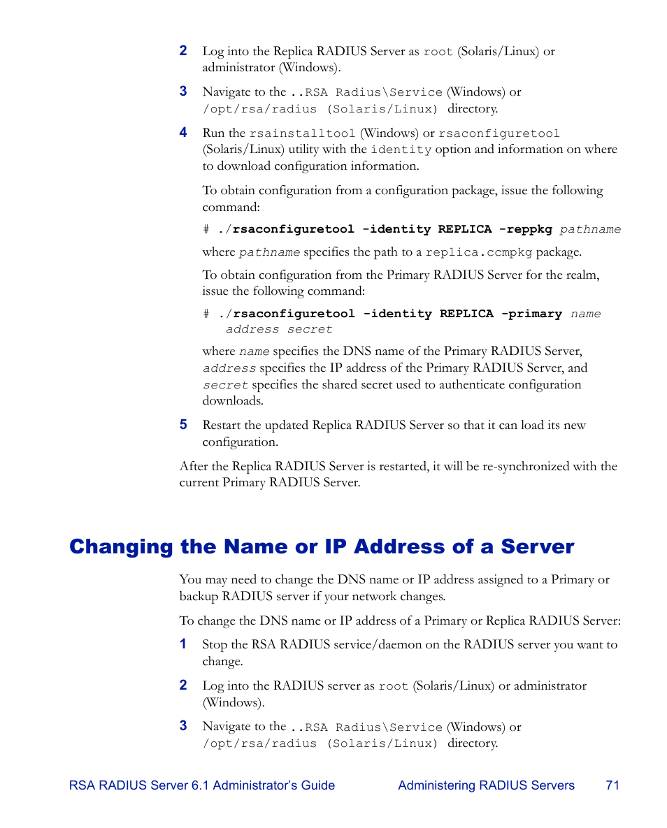 Changing the name or ip address of a server, Changing the name or ip | RSA Security 6.1 User Manual | Page 83 / 118