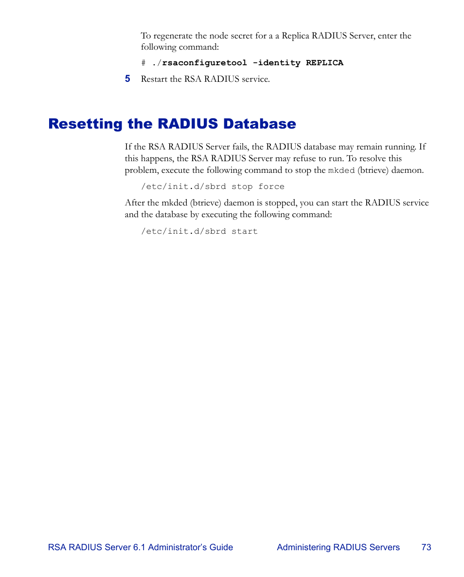 Resetting the radius database | RSA Security 6.1 User Manual | Page 85 / 118