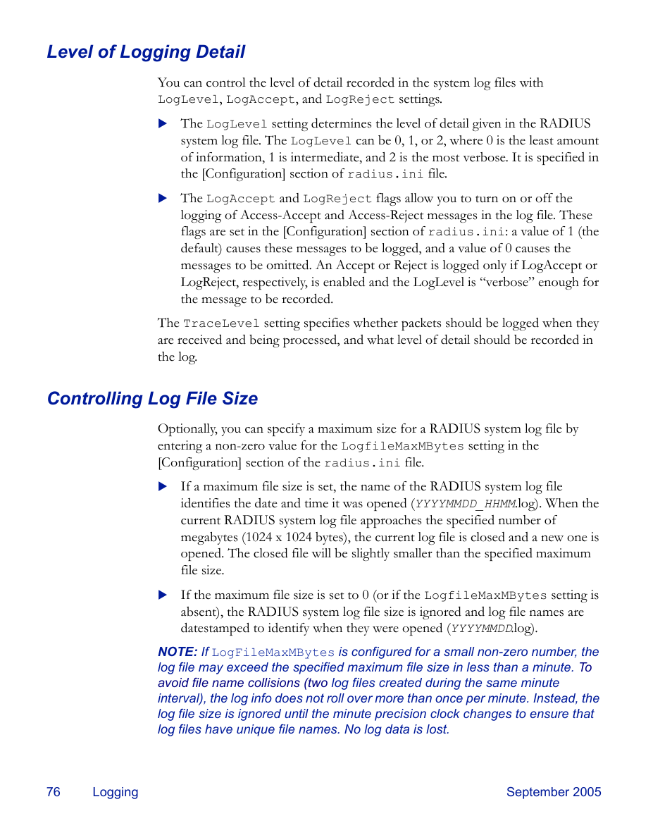 Level of logging detail, Controlling log file size, Level of logging detail controlling log file size | RSA Security 6.1 User Manual | Page 88 / 118