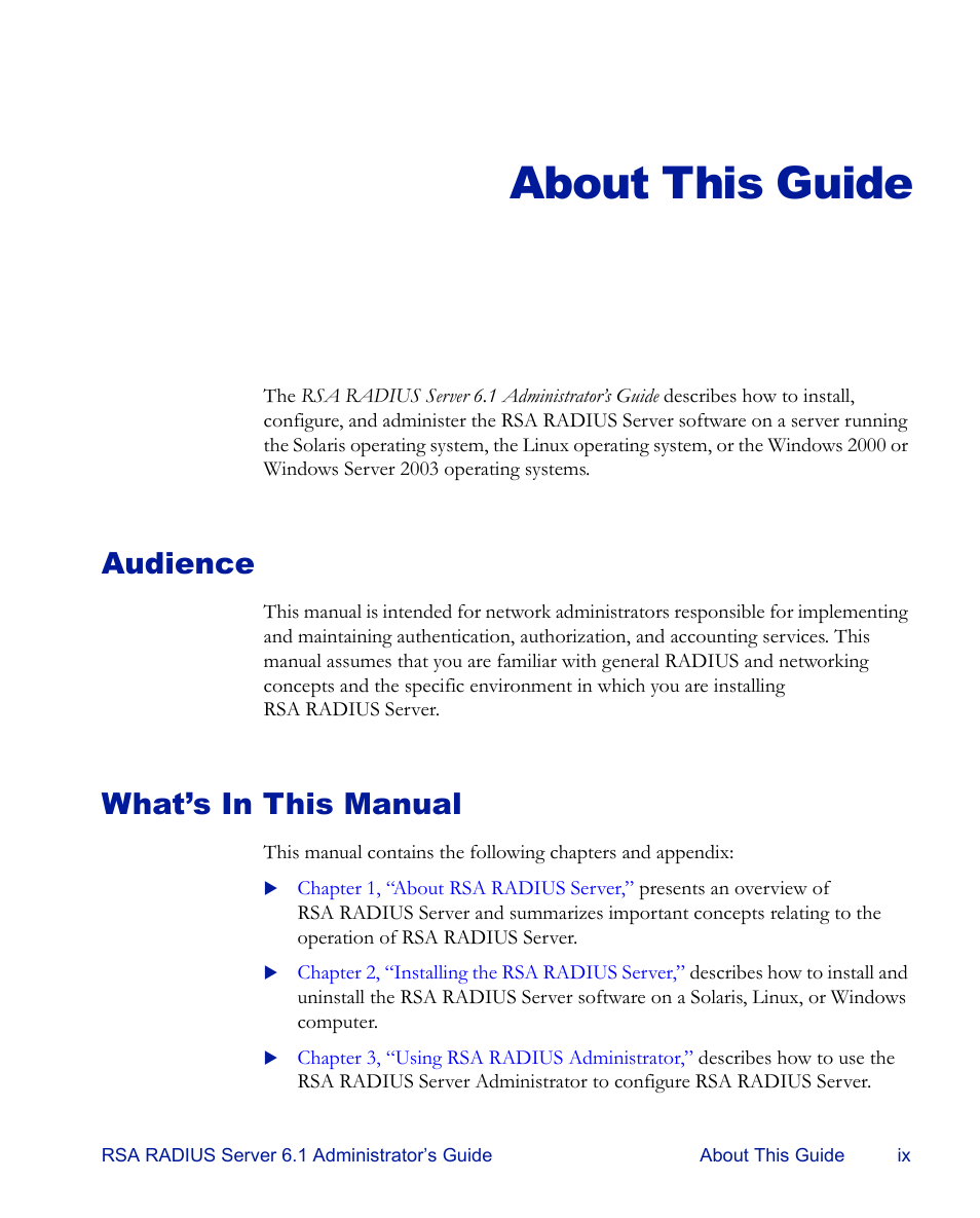 About this guide, Audience, What’s in this manual | RSA Security 6.1 User Manual | Page 9 / 118