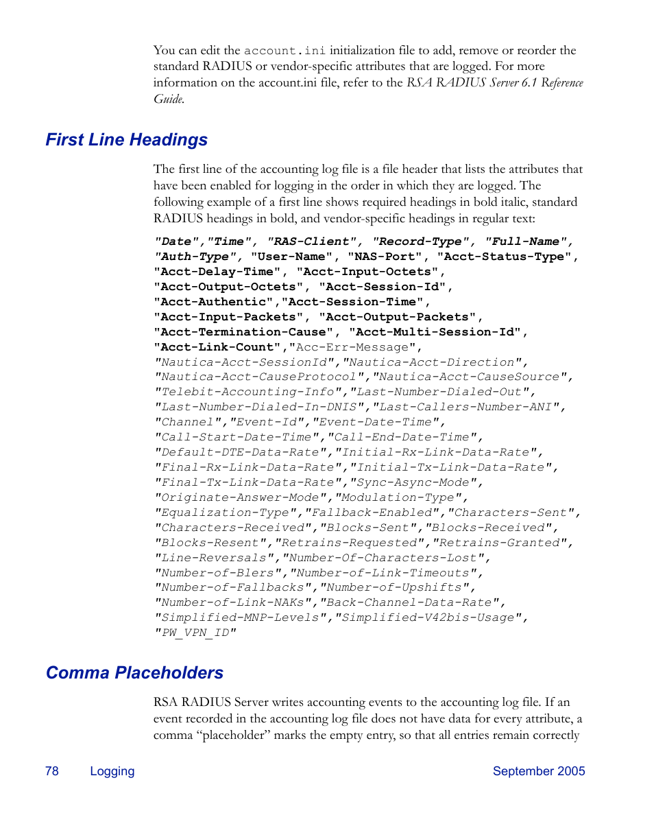 First line headings, Comma placeholders, First line headings comma placeholders | RSA Security 6.1 User Manual | Page 90 / 118