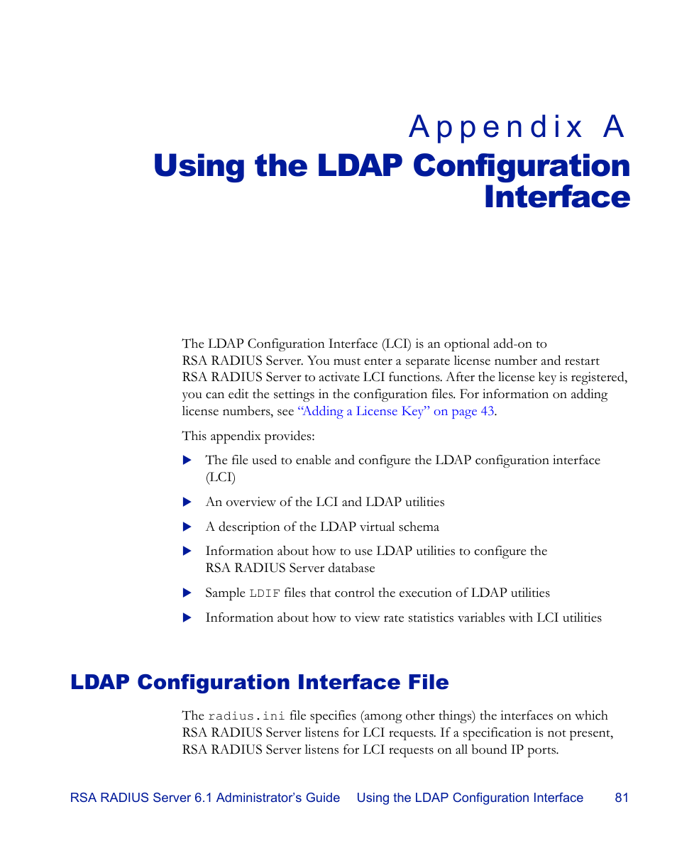 Using the ldap configuration interface, Ldap configuration interface file, Appendix a | Appendix a, “using the ldap configuration, Interface | RSA Security 6.1 User Manual | Page 93 / 118