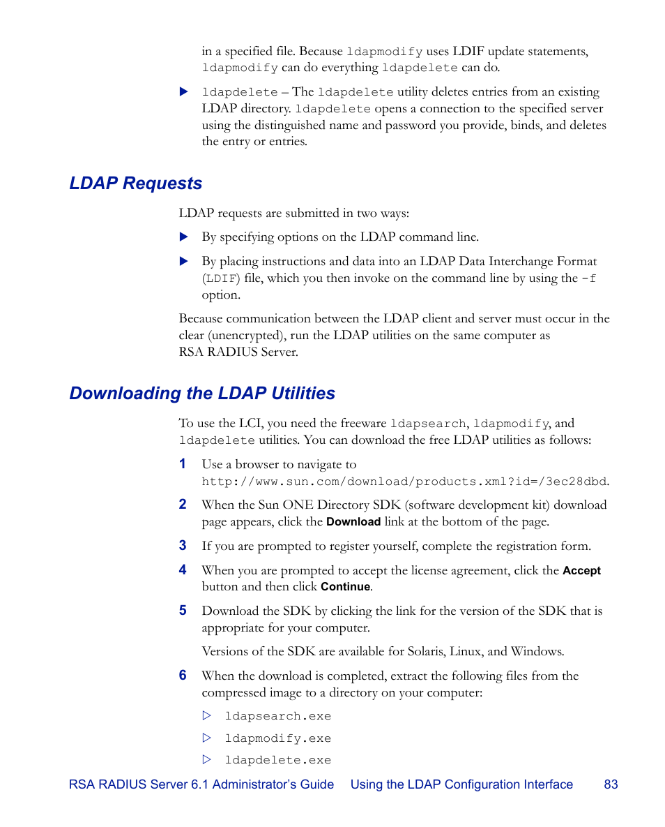 Ldap requests, Downloading the ldap utilities, Ldap requests downloading the ldap utilities | RSA Security 6.1 User Manual | Page 95 / 118