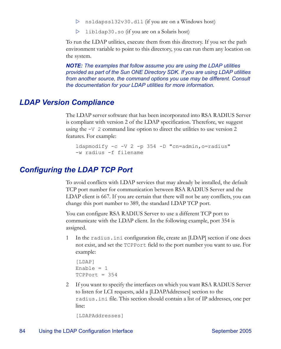 Ldap version compliance, Configuring the ldap tcp port | RSA Security 6.1 User Manual | Page 96 / 118